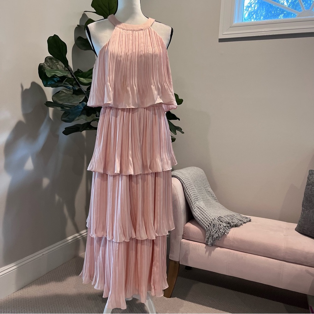 LULUS Tier and Far Blush Pink Tiered Pleated Halter Midi Dress